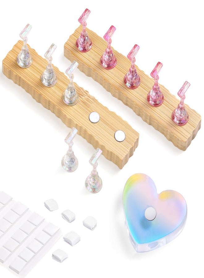 Etercycle 2 Set Wooden Nail Holder for Display Painting Nails - 1 Aurora Heart Shaped Acrylic Magnetic Practice Nail Stand - Fake Nail Holder for Press On Nails with Reusable Adhesive Putty - Image 1